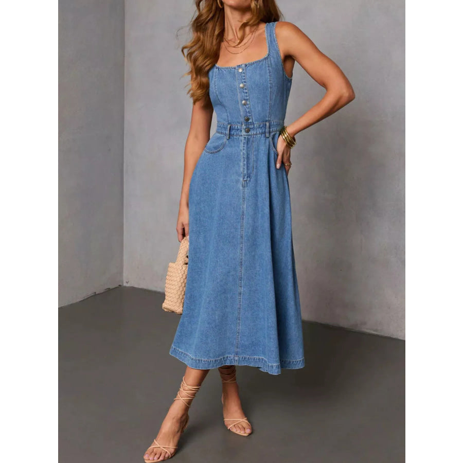 Sleeveless Button-Down Denim Midi Dress Blue / S Apparel and Accessories