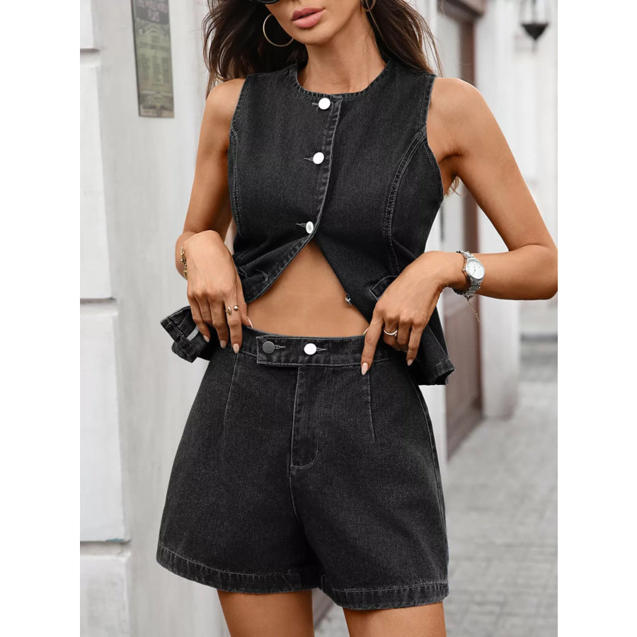 Sleeveless Button-Down Denim Vest & Shorts Set Apparel and Accessories