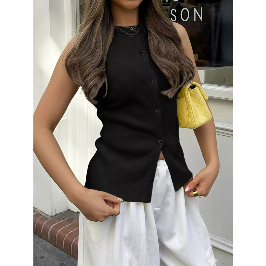 Sleeveless Button-Down Knit Vest Black / S Apparel and Accessories