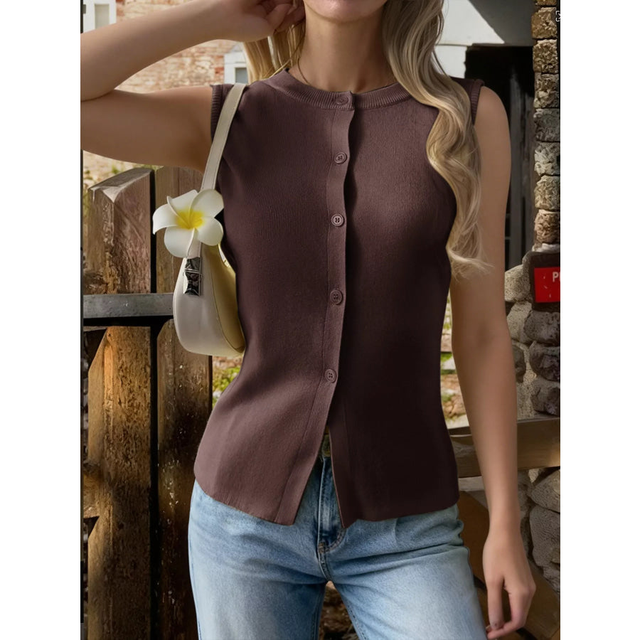 Sleeveless Button-Down Knit Vest Brown / S Apparel and Accessories
