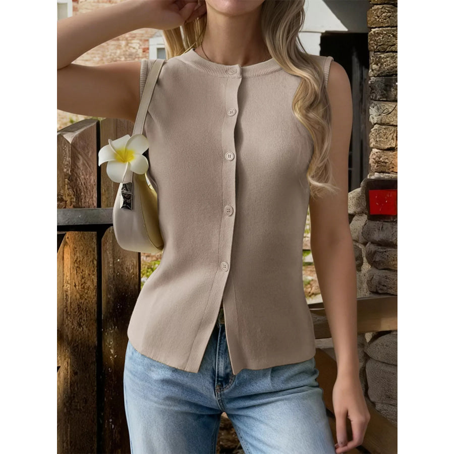 Sleeveless Button-Down Knit Vest Khaki / S Apparel and Accessories