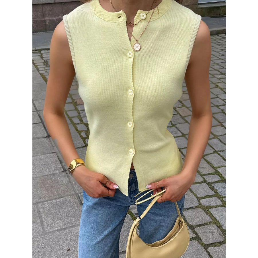 Sleeveless Button-Down Knit Vest Yellow / S Apparel and Accessories