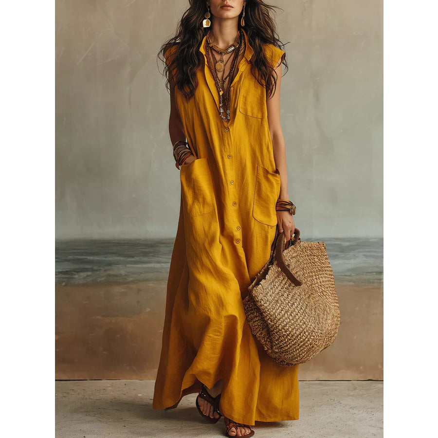 Sleeveless Button-Down Linen Maxi Dress Gold / XS Apparel and Accessories