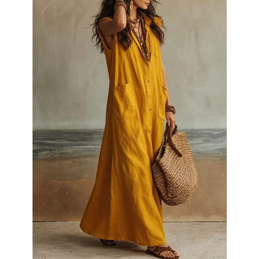 Sleeveless Button-Down Linen Maxi Dress Apparel and Accessories