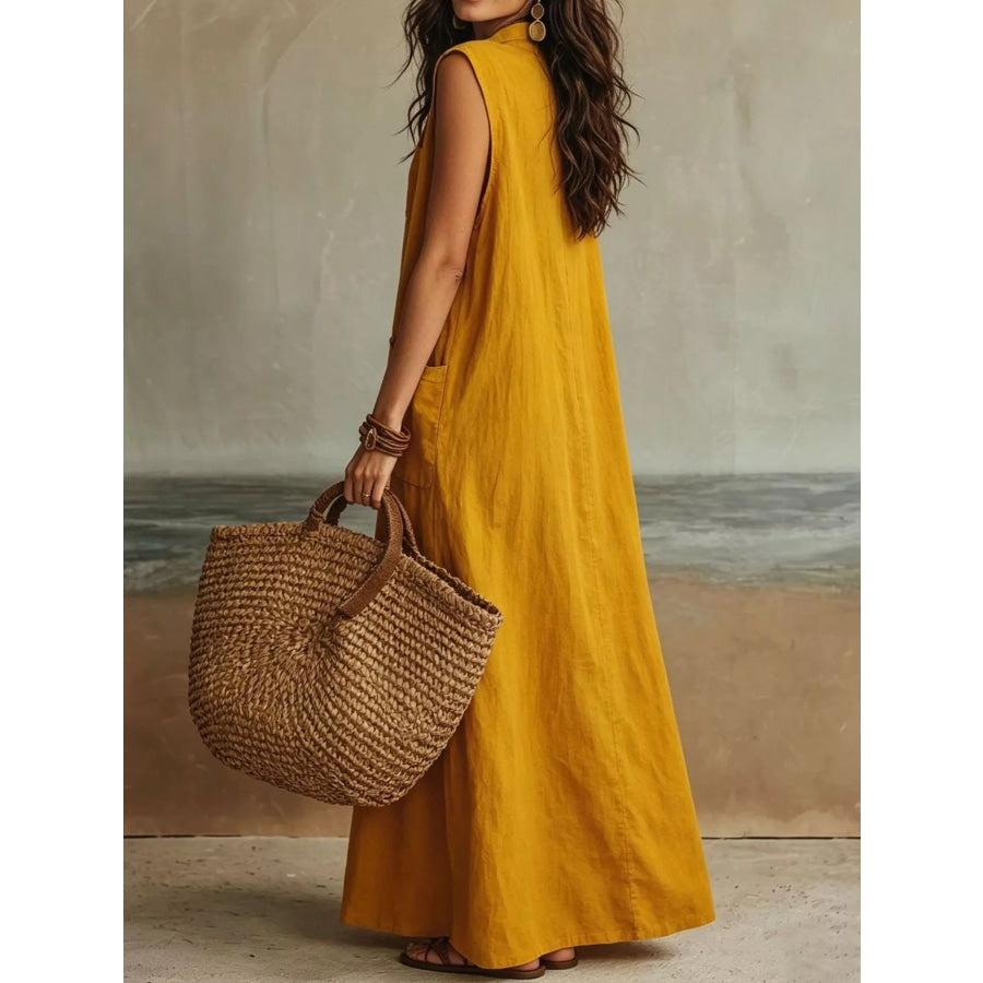 Sleeveless Button-Down Linen Maxi Dress Apparel and Accessories