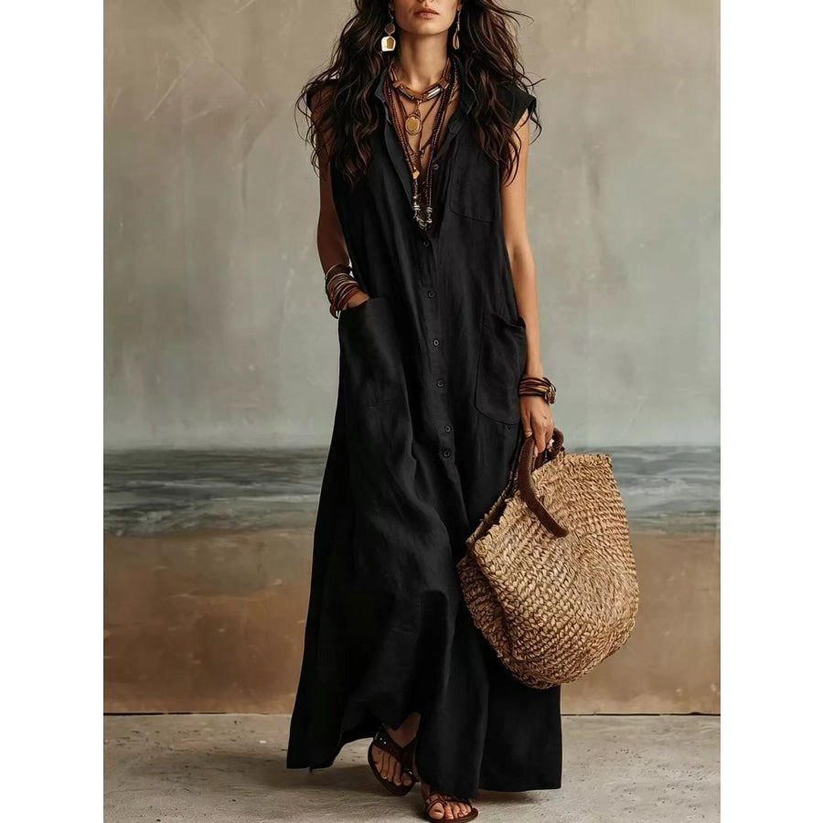 Sleeveless Button-Down Linen Maxi Dress Black / XS Apparel and Accessories