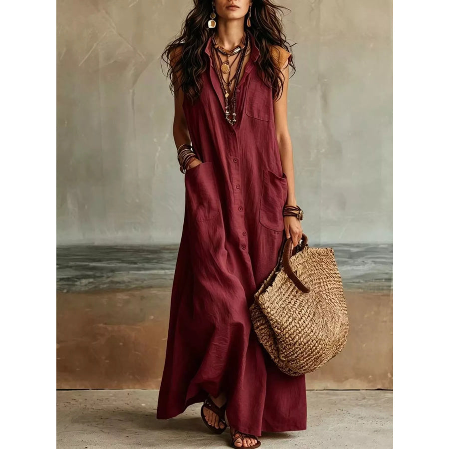 Sleeveless Button-Down Linen Maxi Dress Burgundy / XS Apparel and Accessories