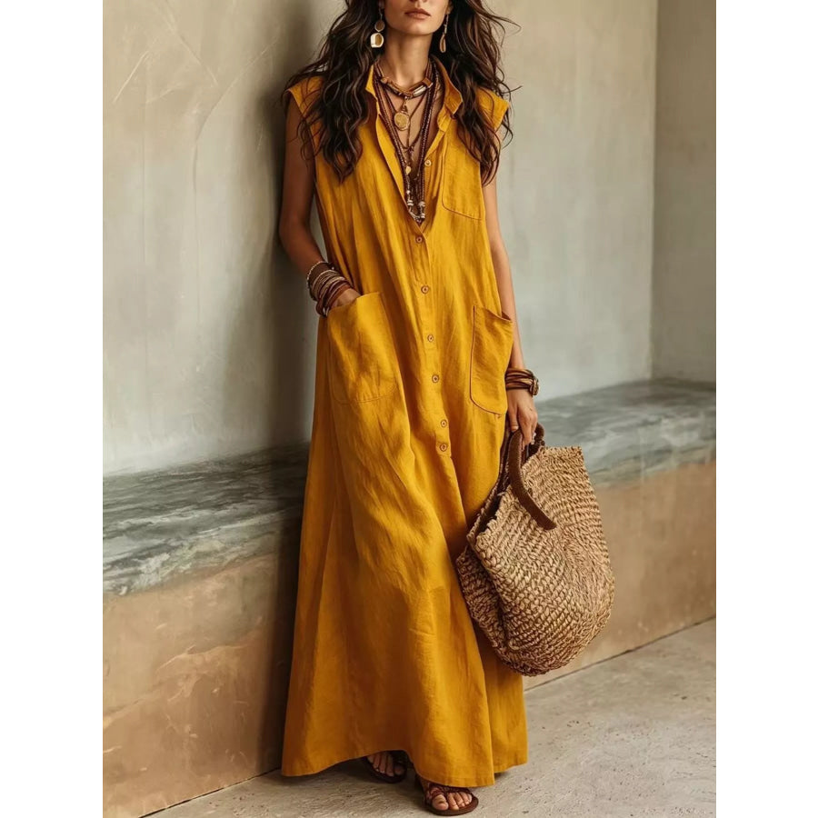 Sleeveless Button-Down Linen Maxi Dress Gold / XS Apparel and Accessories
