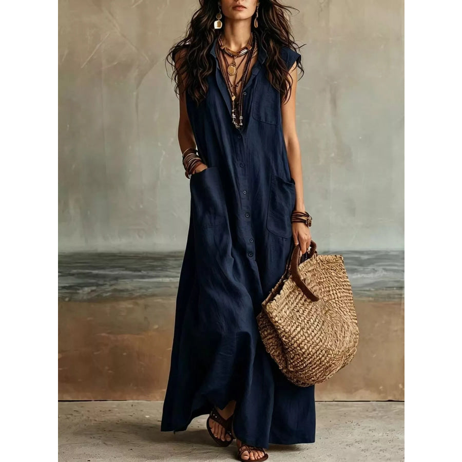 Sleeveless Button-Down Linen Maxi Dress Navy / XS Apparel and Accessories