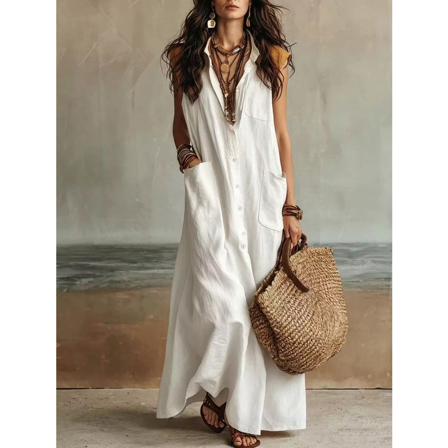 Sleeveless Button-Down Linen Maxi Dress White / XS Apparel and Accessories