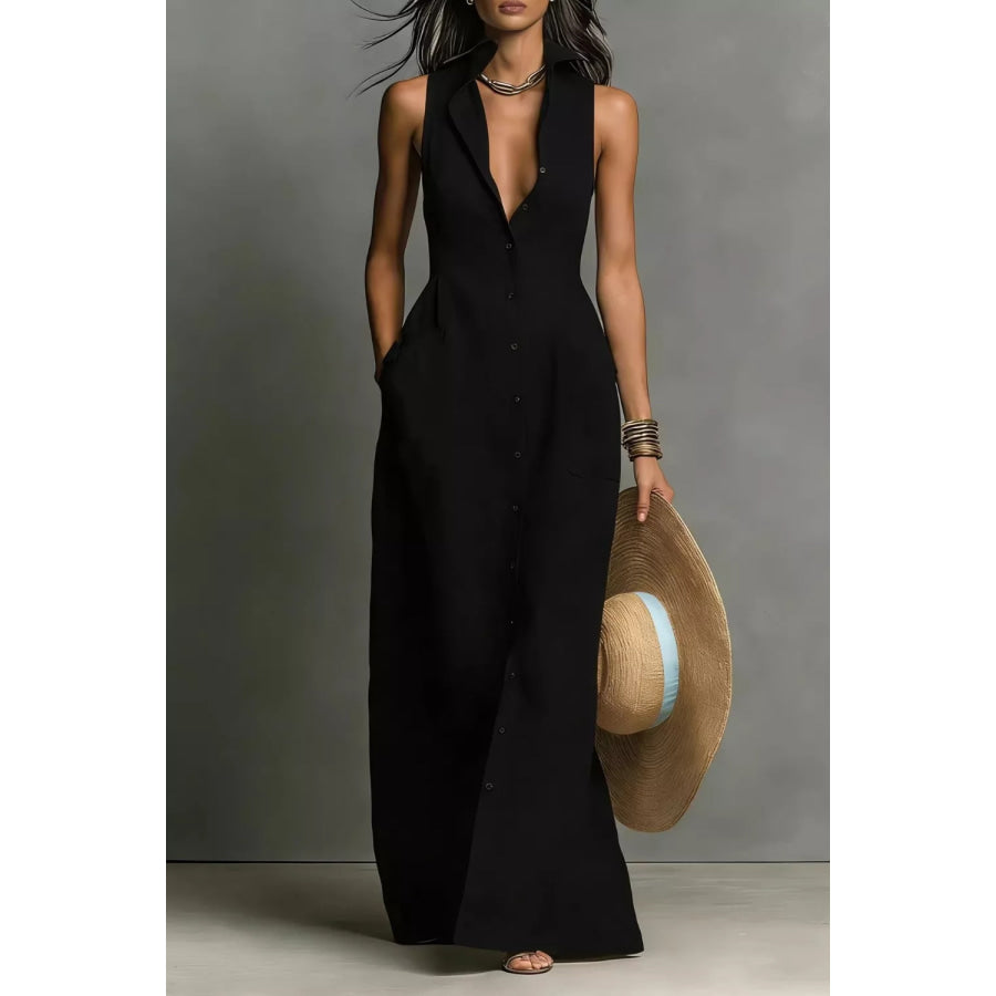 Sleeveless Button-Down Maxi Dress Black / S Apparel and Accessories