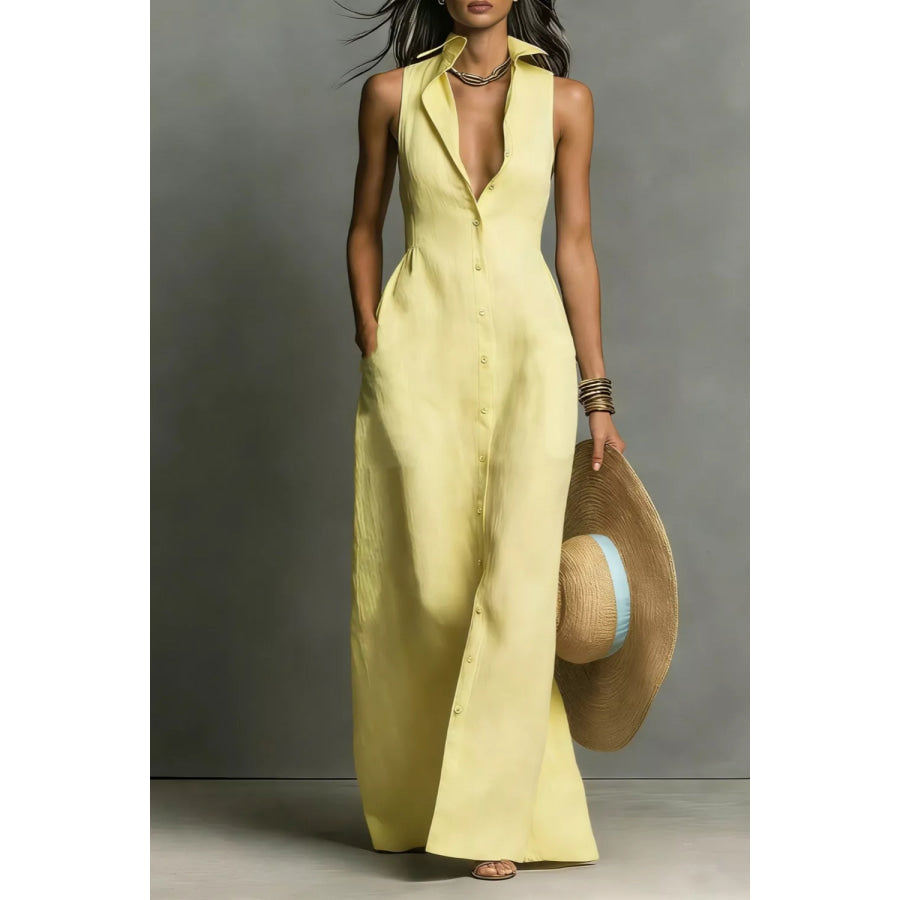 Sleeveless Button-Down Maxi Dress Pastel Yellow / S Apparel and Accessories