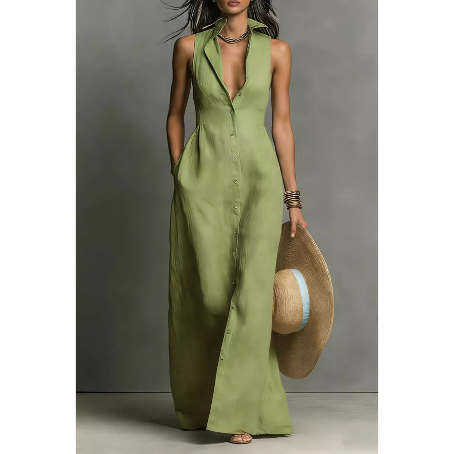 Sleeveless Button-Down Maxi Dress Sage / S Apparel and Accessories