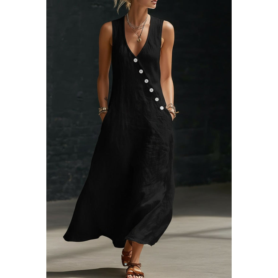 Sleeveless Button-Down Midi Dress Black / S Apparel and Accessories