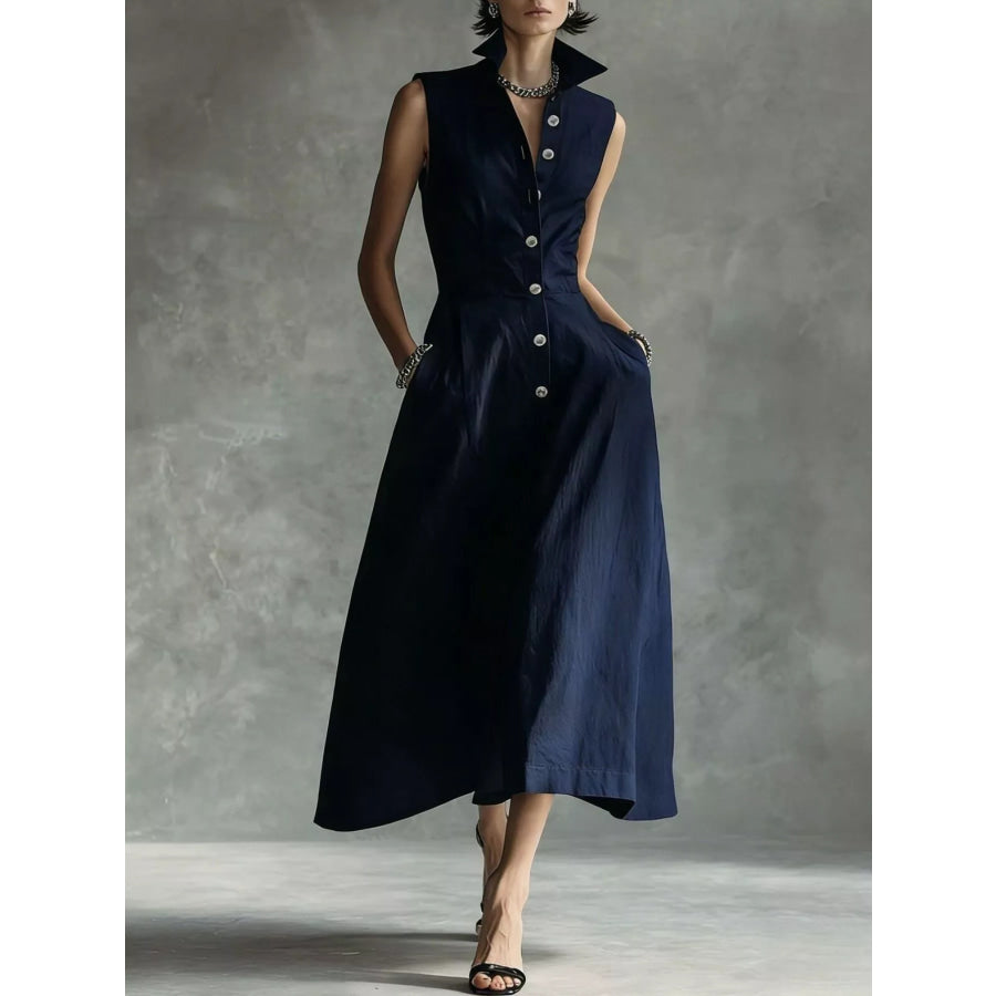 Sleeveless Button-Down Midi Shirt Dress Dark Blue / XS Apparel and Accessories