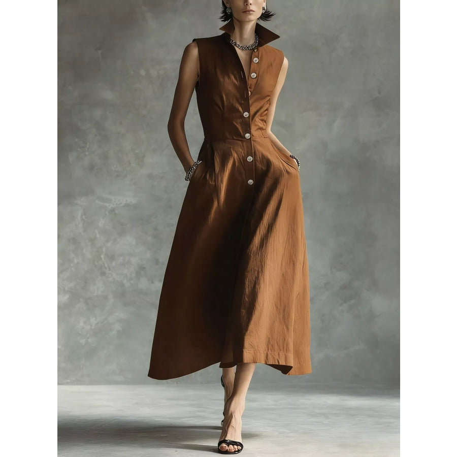 Sleeveless Button-Down Midi Shirt Dress Dark Brown / XS Apparel and Accessories