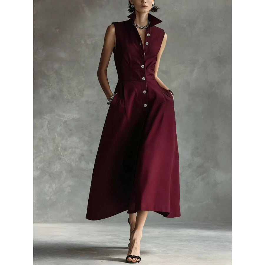 Sleeveless Button-Down Midi Shirt Dress Wine Red / XS Apparel and Accessories