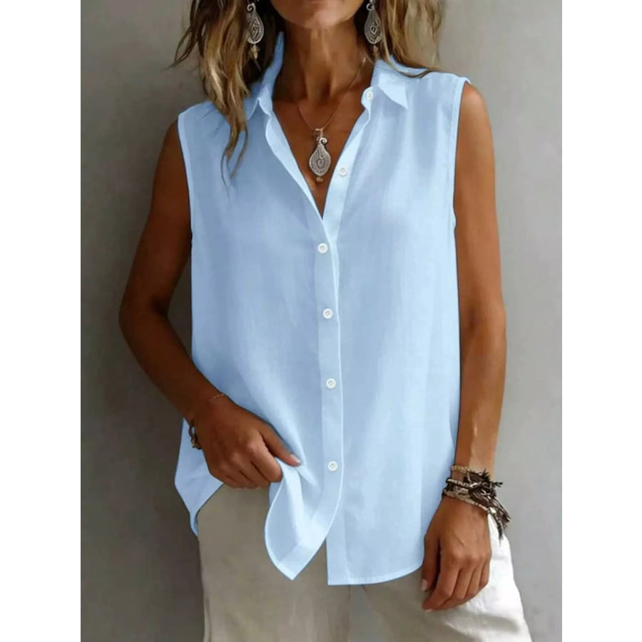 Sleeveless Button-Down Shirt Light Blue / S Apparel and Accessories