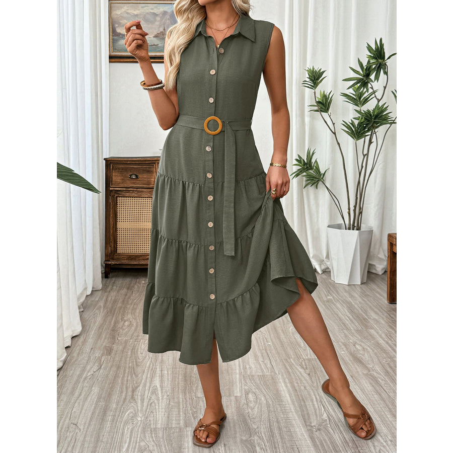 Sleeveless Button-Down Tiered Midi Dress Apparel and Accessories