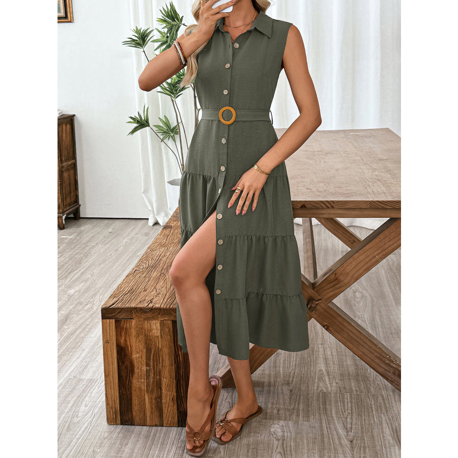 Sleeveless Button-Down Tiered Midi Dress Apparel and Accessories