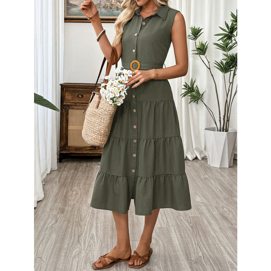 Sleeveless Button-Down Tiered Midi Dress Apparel and Accessories