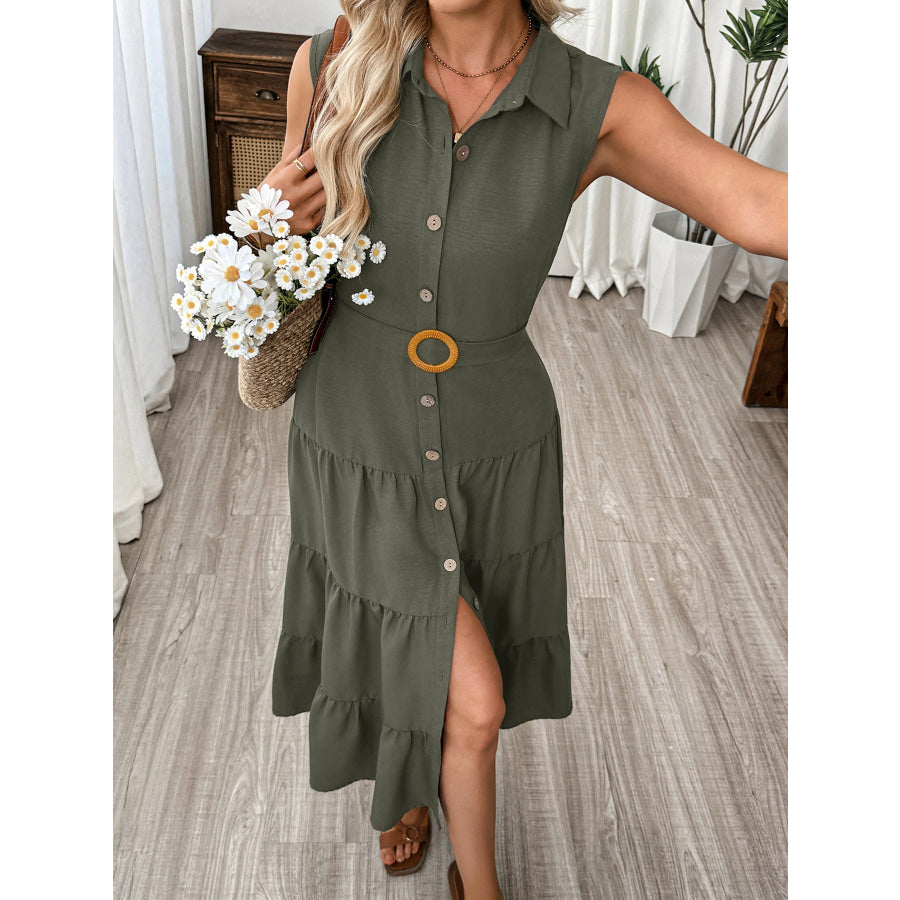 Sleeveless Button-Down Tiered Midi Dress Apparel and Accessories