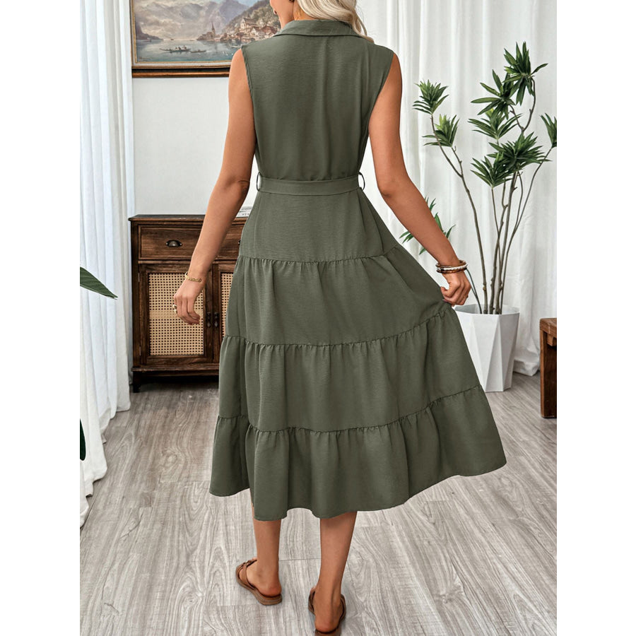 Sleeveless Button-Down Tiered Midi Dress Apparel and Accessories