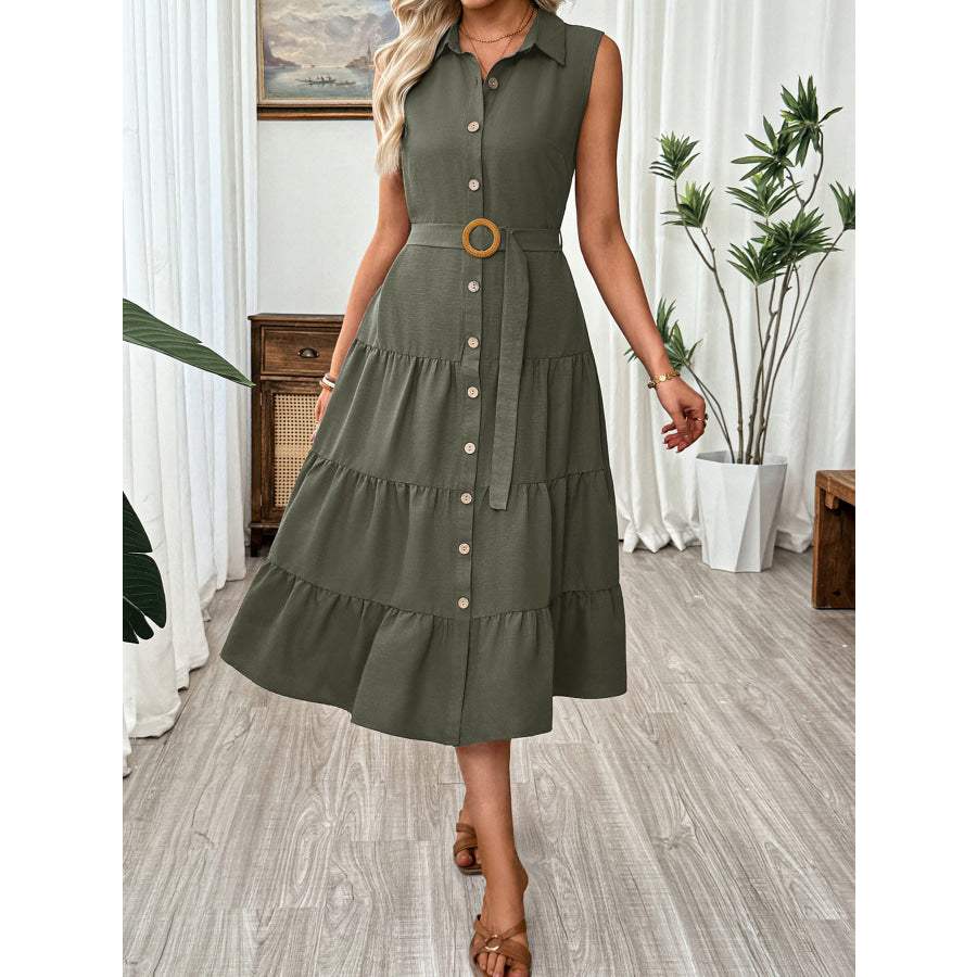 Sleeveless Button-Down Tiered Midi Dress Army Green / S Apparel and Accessories