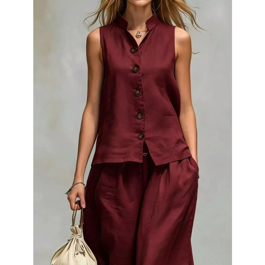 Sleeveless Button-Down Top and Wide-Leg Pant Set Apparel and Accessories