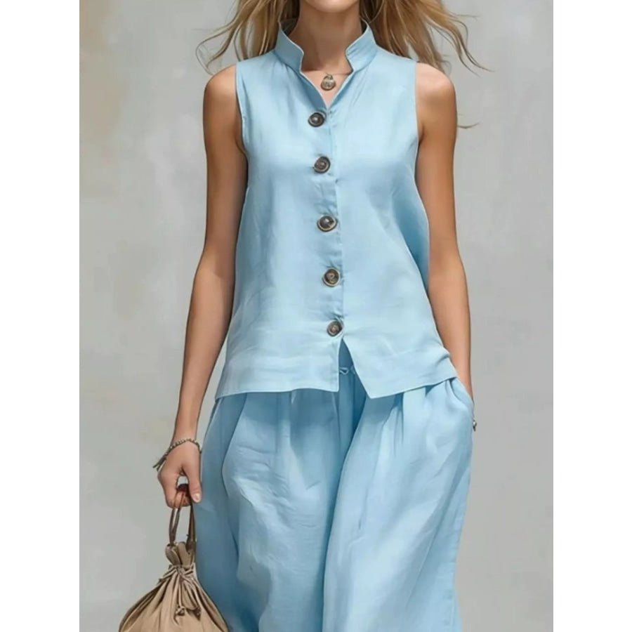 Sleeveless Button-Down Top and Wide-Leg Pant Set Apparel and Accessories