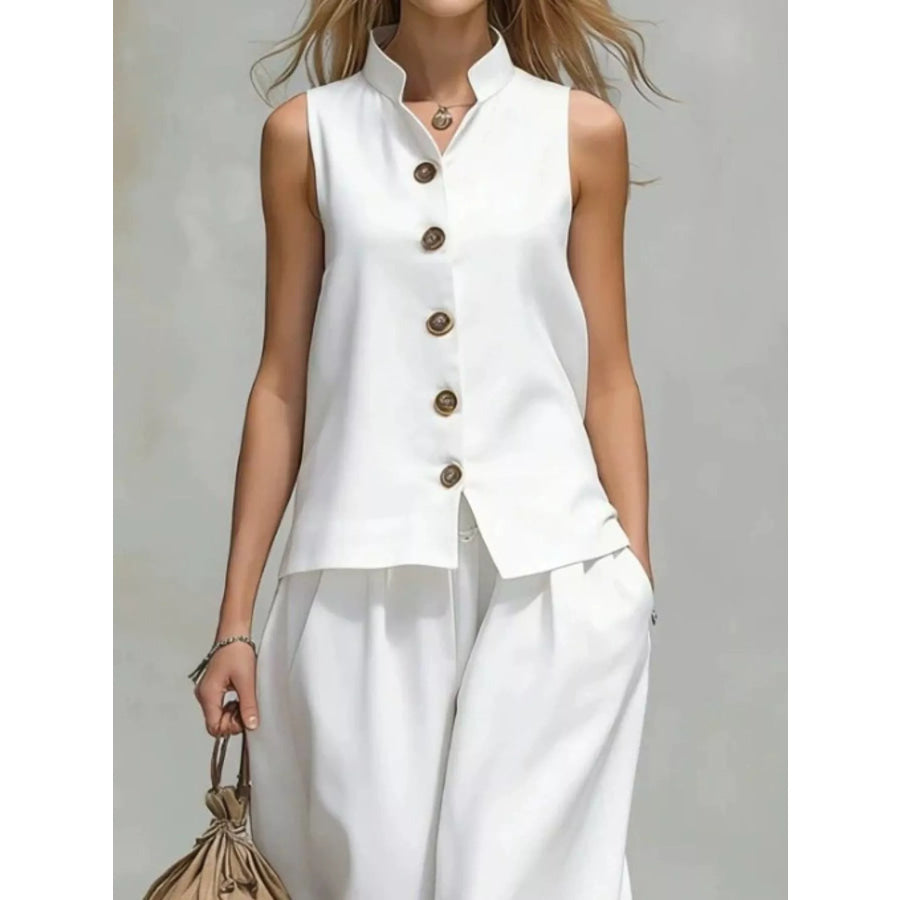 Sleeveless Button-Down Top and Wide-Leg Pant Set Apparel and Accessories