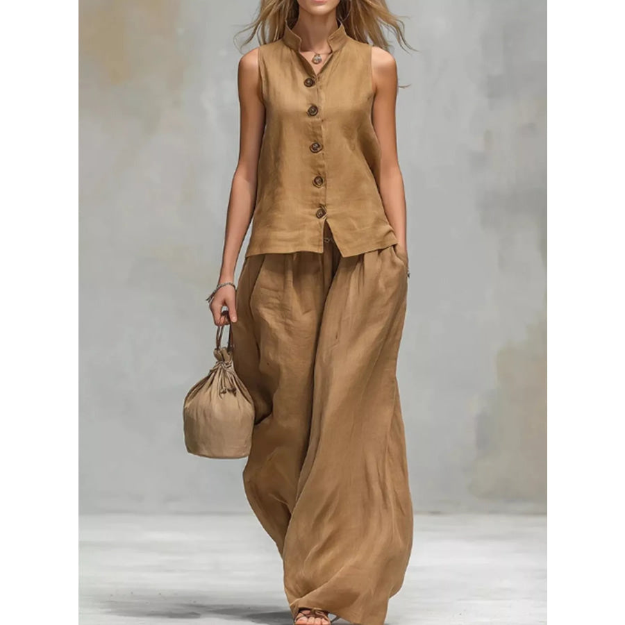 Sleeveless Button-Down Top and Wide-Leg Pant Set Brown / S Apparel and Accessories