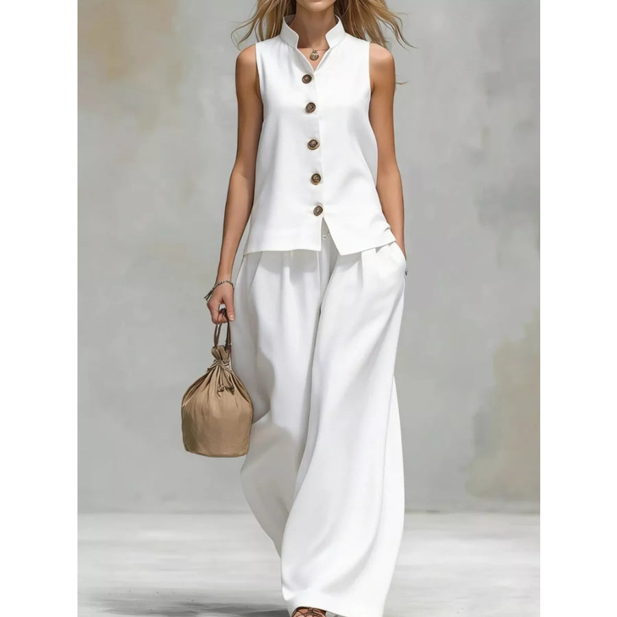Sleeveless Button-Down Top and Wide-Leg Pant Set White / S Apparel and Accessories