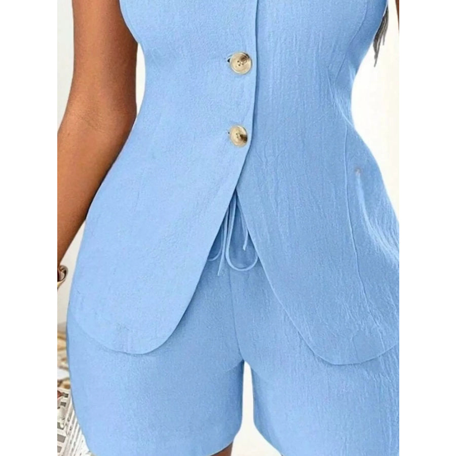 Sleeveless Button-Down Vest & Shorts Set Apparel and Accessories