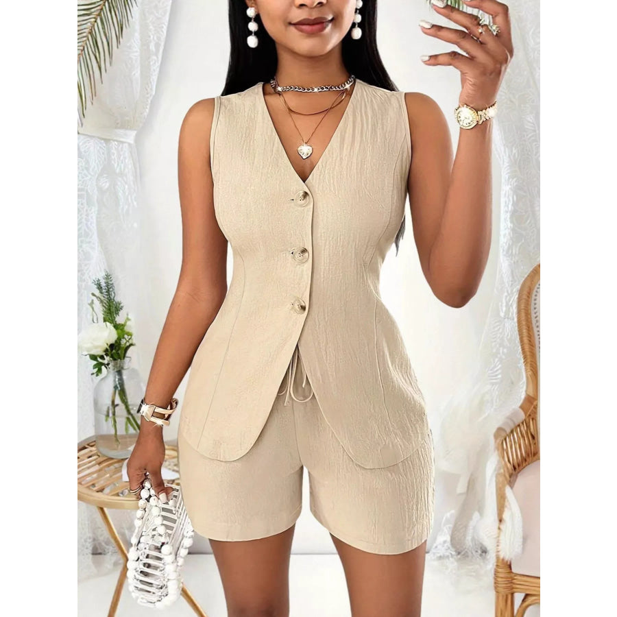 Sleeveless Button-Down Vest & Shorts Set Apricot / S Apparel and Accessories
