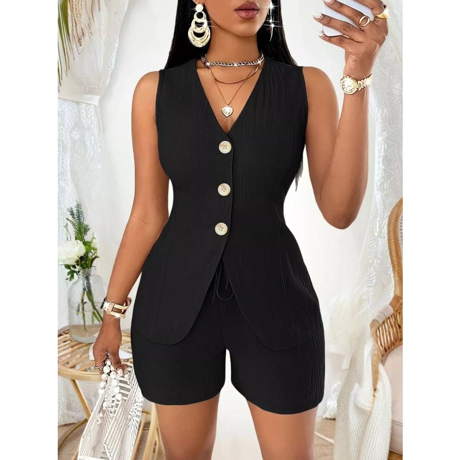 Sleeveless Button-Down Vest & Shorts Set Black / S Apparel and Accessories