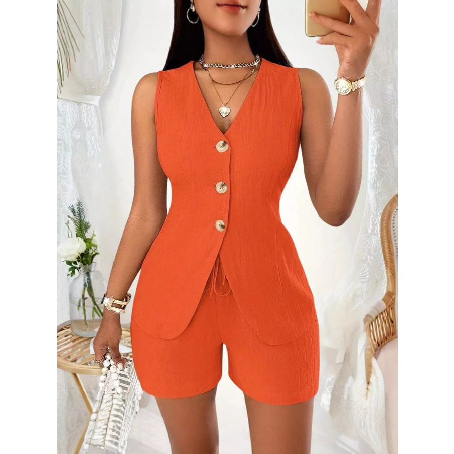 Sleeveless Button-Down Vest & Shorts Set Orange-red / S Apparel and Accessories