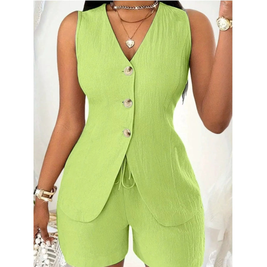 Sleeveless Button-Down Vest & Shorts Set Sage / S Apparel and Accessories