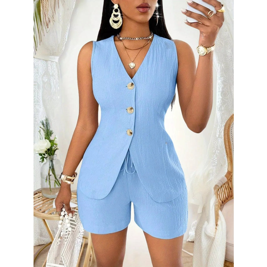 Sleeveless Button-Down Vest & Shorts Set Sky Blue / S Apparel and Accessories