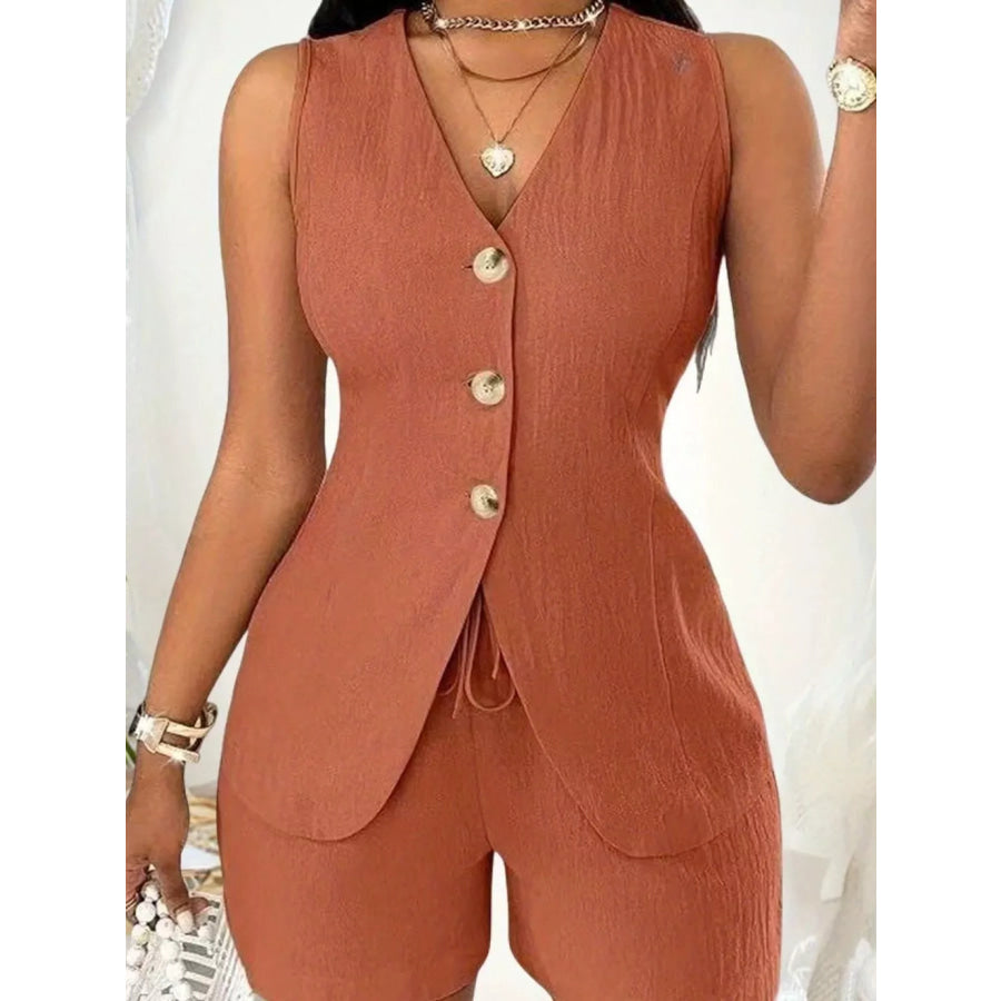 Sleeveless Button-Down Vest & Shorts Set Tan / S Apparel and Accessories