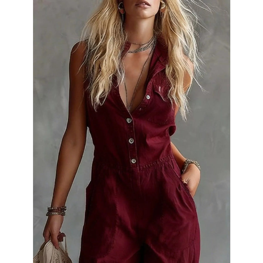 Sleeveless Button-Down Wide-Leg Jumpsuit Apparel and Accessories