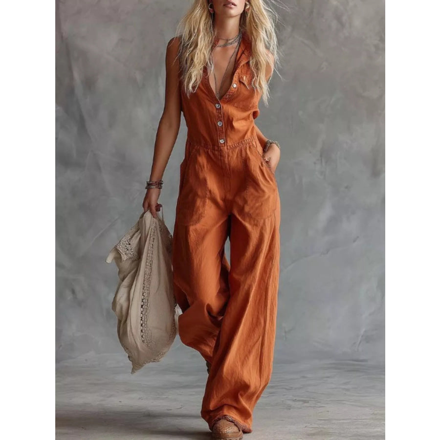 Sleeveless Button-Down Wide-Leg Jumpsuit Orange / XS Apparel and Accessories