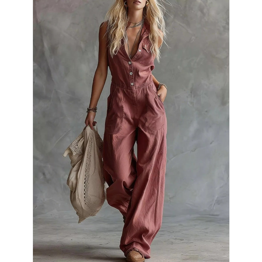 Sleeveless Button-Down Wide-Leg Jumpsuit Rouge Color / XS Apparel and Accessories