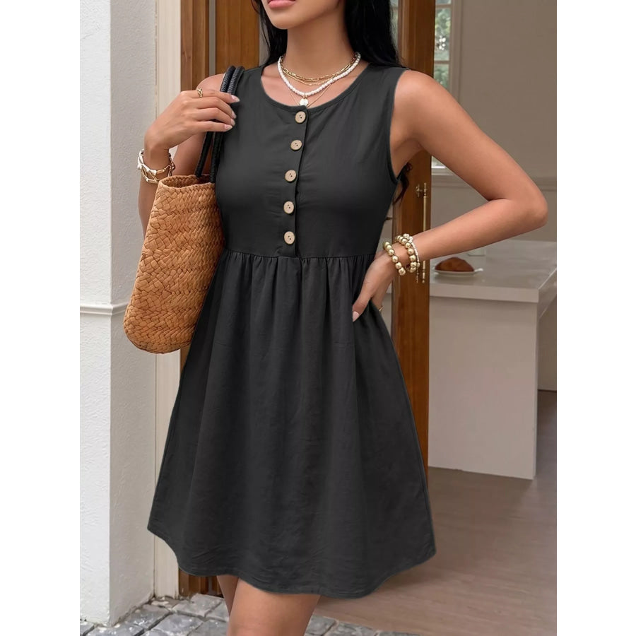 Sleeveless Button-Front A-Line Dress Black / S Apparel and Accessories