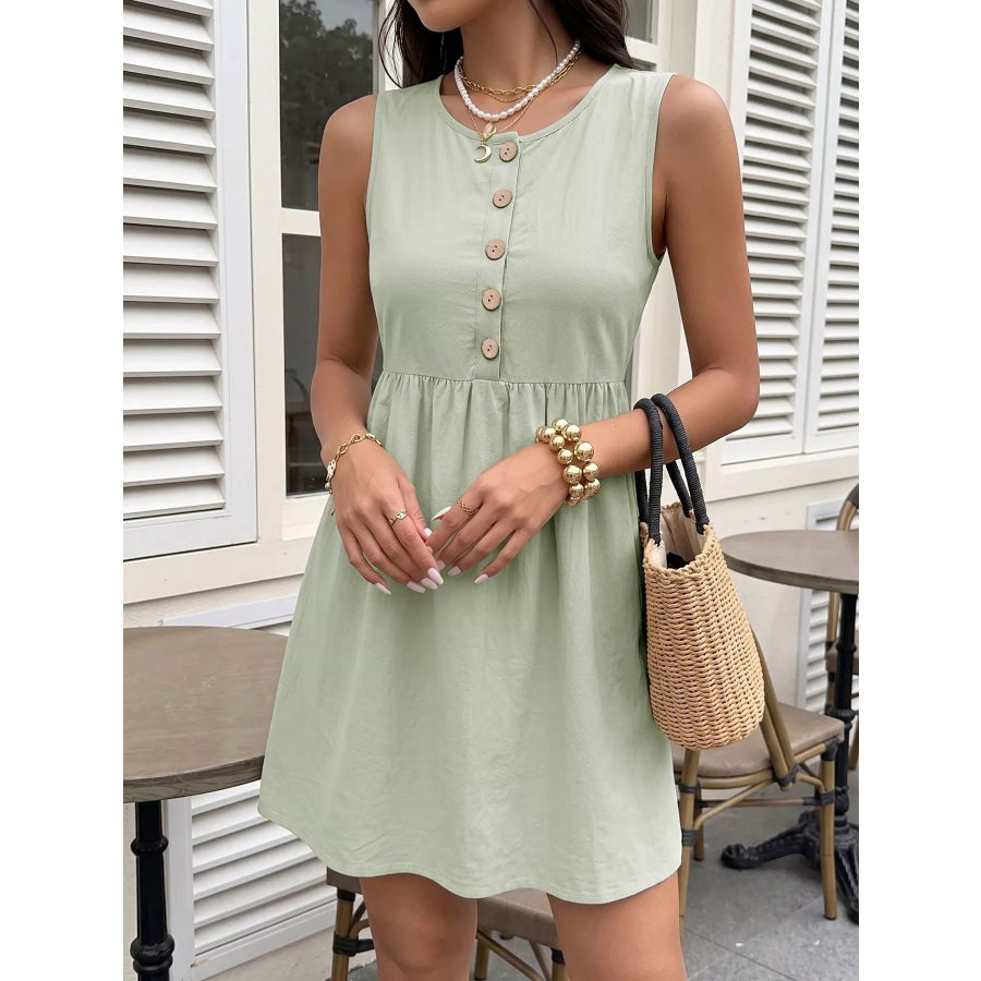Sleeveless Button-Front A-Line Dress Green / S Apparel and Accessories