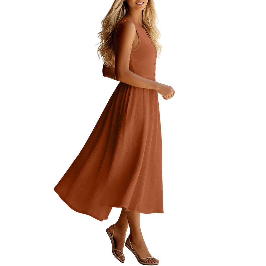 Sleeveless Button Front Flowy Midi Dress Apparel and Accessories
