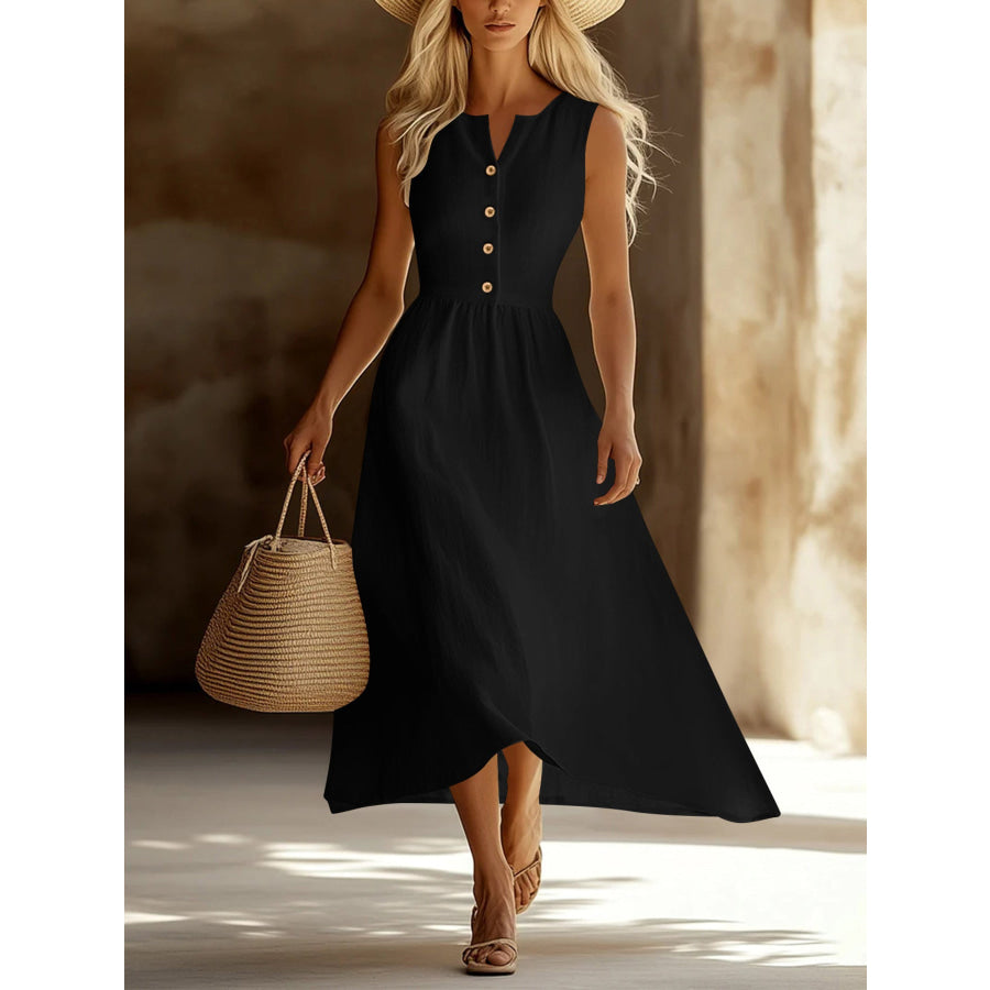 Sleeveless Button Front Flowy Midi Dress Black / S Apparel and Accessories