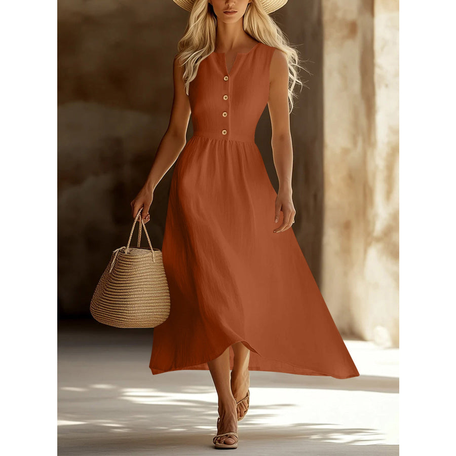 Sleeveless Button Front Flowy Midi Dress Brown / S Apparel and Accessories
