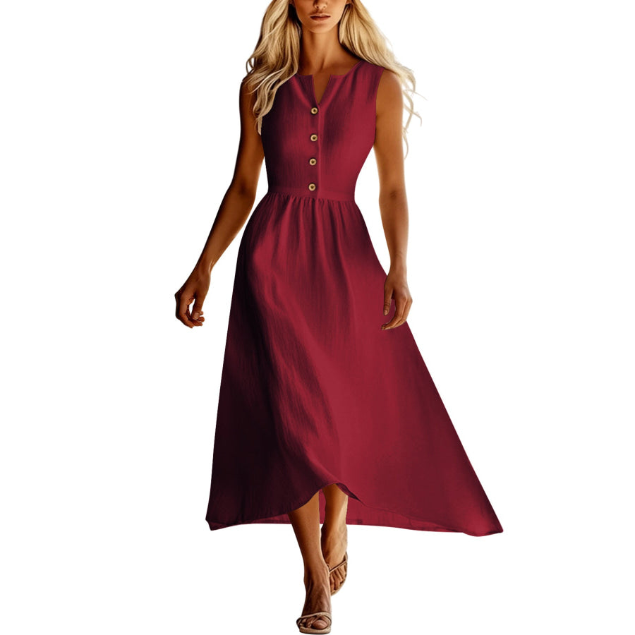 Sleeveless Button Front Flowy Midi Dress Burgundy / S Apparel and Accessories