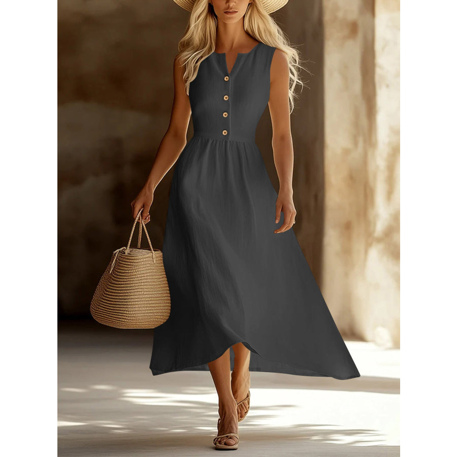 Sleeveless Button Front Flowy Midi Dress Gray / S Apparel and Accessories